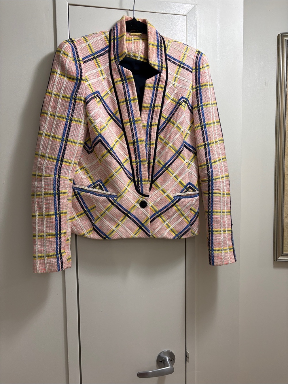 Rebecca Minkoff Women’s Pink Plaid Tweed Blazer Jacket